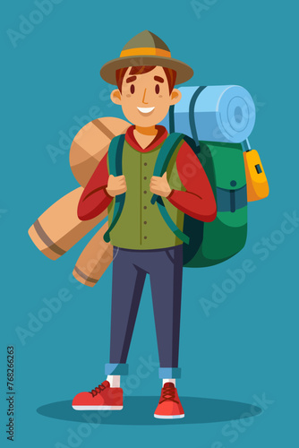 Vector illustration of a backpacker with a lot of stuff on its back.