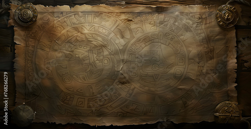 background Paper, vintage and worn with a subtle vintage pattern, with Mayan seals dark muted colors photo