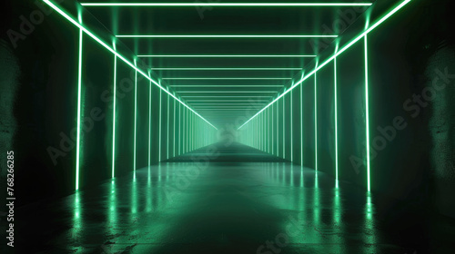 Modern concrete tunnel with green led light, abstract dark garage background. Theme of warehouse, hall, room interior, perspective, technology