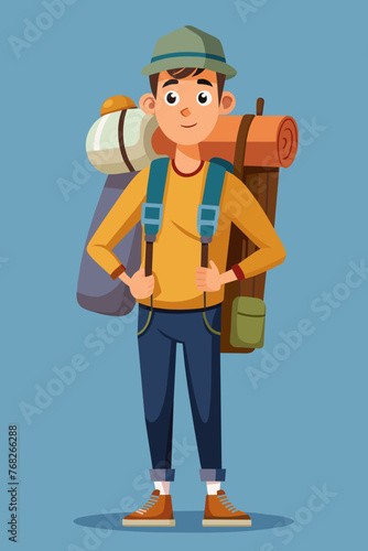 Vector illustration of a backpacker with a lot of stuff on its back.