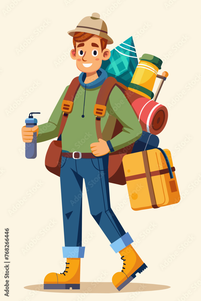 Vector illustration of a backpacker with a lot of stuff on its back. Vector illustration of a backpacker with a lot of stuff on its back.