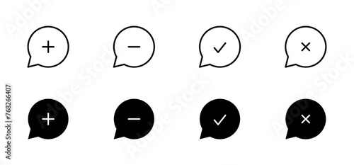 Message icon set. Email and Chat plus, minus, right, wrong, comment plus, comment minus, comment upload, comment download, chat box, chat, communications. Editable stroke. Vector illustration.  © Tanjil Arafat