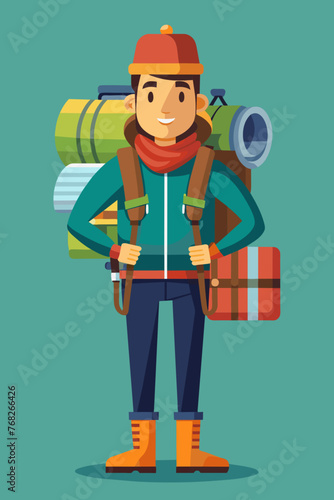 Vector illustration of a backpacker with a lot of stuff on its back.