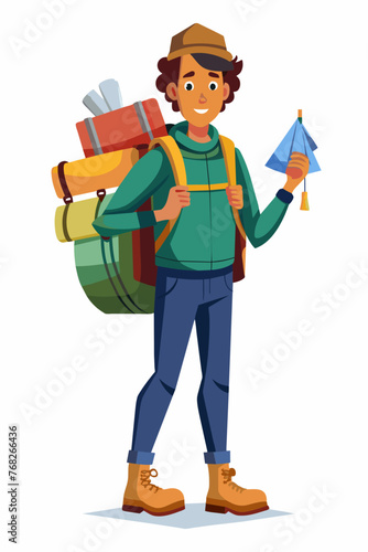 Vector illustration of a backpacker with a lot of stuff on its back.