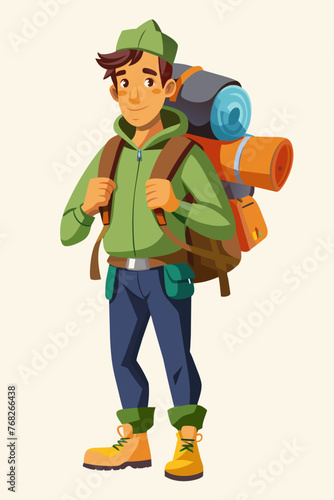 Vector illustration of a backpacker with a lot of stuff on its back.