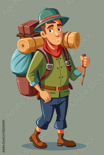 Vector illustration of a backpacker with a lot of stuff on its back.