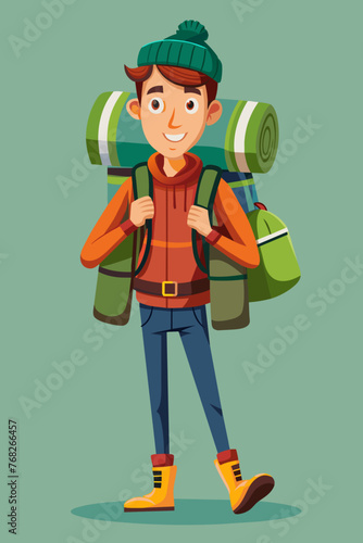 Vector illustration of a backpacker with a lot of stuff on its back.