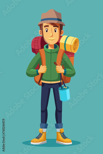 Vector illustration of a backpacker with a lot of stuff on its back.