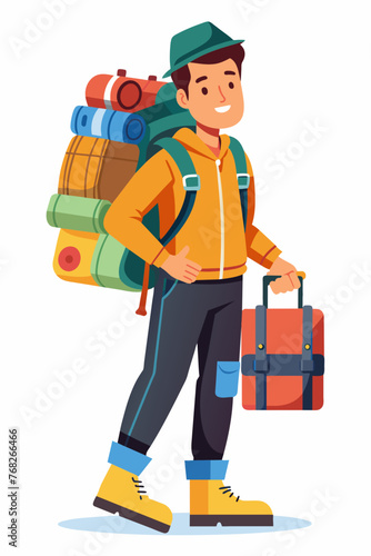 Vector illustration of a backpacker with a lot of stuff on its back.