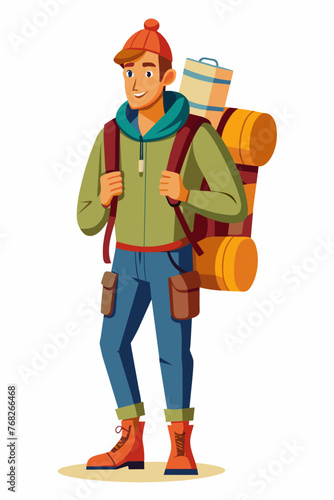 Vector illustration of a backpacker with a lot of stuff on its back.