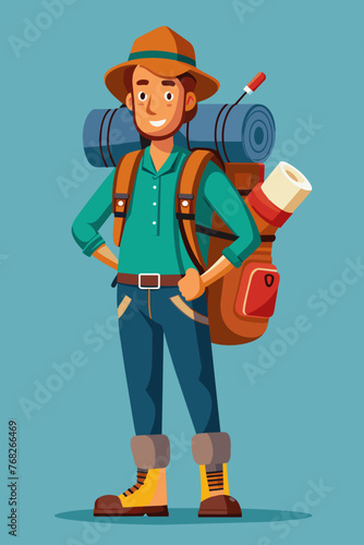 Vector illustration of a backpacker with a lot of stuff on its back.