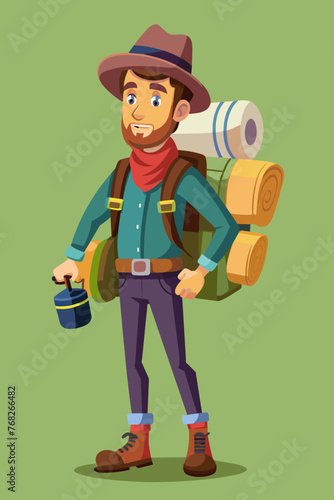 Vector illustration of a backpacker with a lot of stuff on its back.