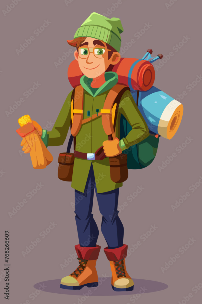 Vector illustration of a backpacker with a lot of stuff on its back.