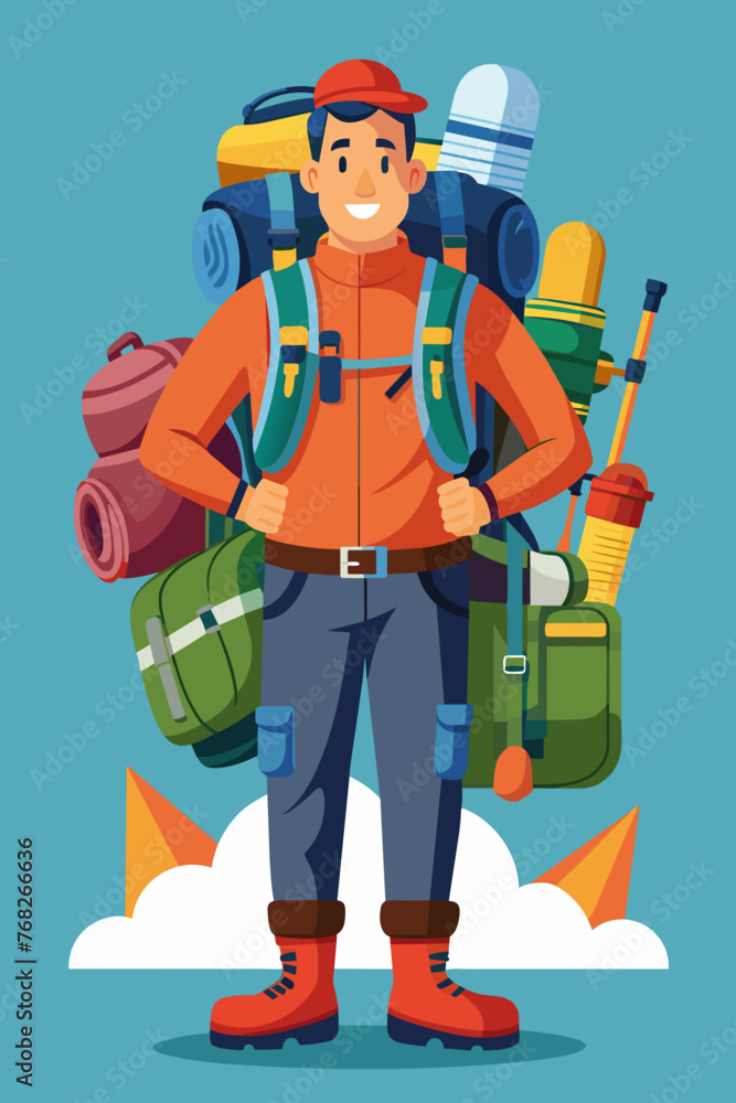 Vector illustration of a backpacker with a lot of stuff on its back. Vector illustration of a backpacker with a lot of stuff on its back.
