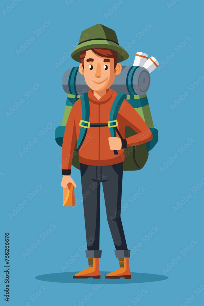 Vector illustration of a backpacker with a lot of stuff on its back. Vector illustration of a backpacker with a lot of stuff on its back.