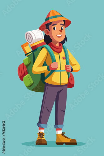 Vector illustration of a backpacker with a lot of stuff on its back.