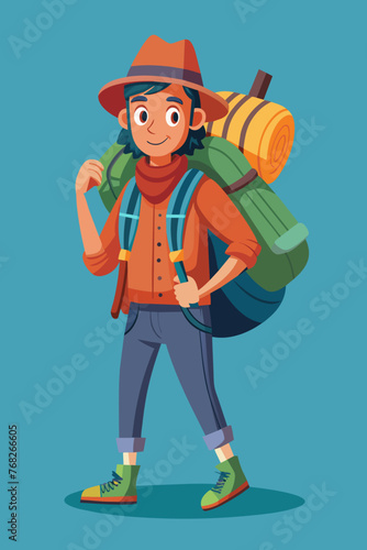 Vector illustration of a backpacker with a lot of stuff on its back.