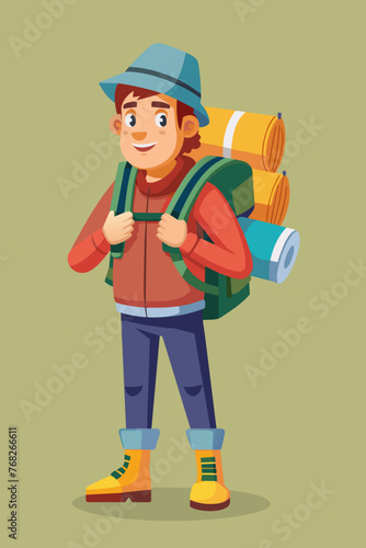 Vector illustration of a backpacker with a lot of stuff on its back.