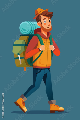 Vector illustration of a backpacker with a lot of stuff on its back.