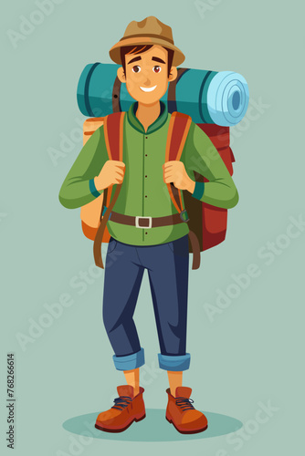 Vector illustration of a backpacker with a lot of stuff on its back.