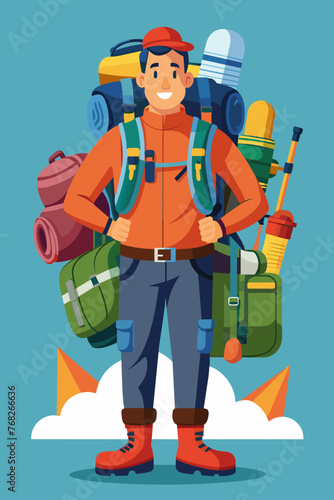Vector illustration of a backpacker with a lot of stuff on its back.