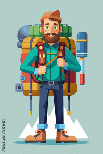 Vector illustration of a backpacker with a lot of stuff on its back.
