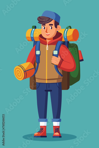 Vector illustration of a backpacker with a lot of stuff on its back.