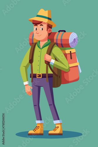 Vector illustration of a backpacker with a lot of stuff on its back.