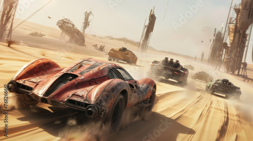 Vintage iron car race in desert in future, panoramic view of old vehicles drive in summer. Theme of dystopia, speed, steampunk, fantasy movie, apocalypses, future