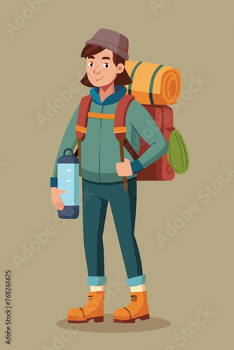 Vector illustration of a backpacker with a lot of stuff on its back.