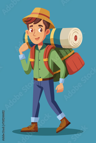 Vector illustration of a backpacker with a lot of stuff on its back.