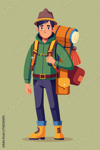Vector illustration of a backpacker with a lot of stuff on its back.