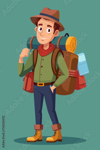 Vector illustration of a backpacker with a lot of stuff on its back.