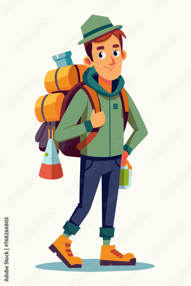 Vector illustration of a backpacker with a lot of stuff on its back. Vector illustration of a backpacker with a lot of stuff on its back.