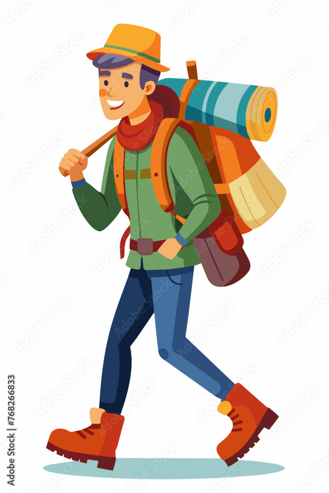 Vector illustration of a backpacker with a lot of stuff on its back. Vector illustration of a backpacker with a lot of stuff on its back.