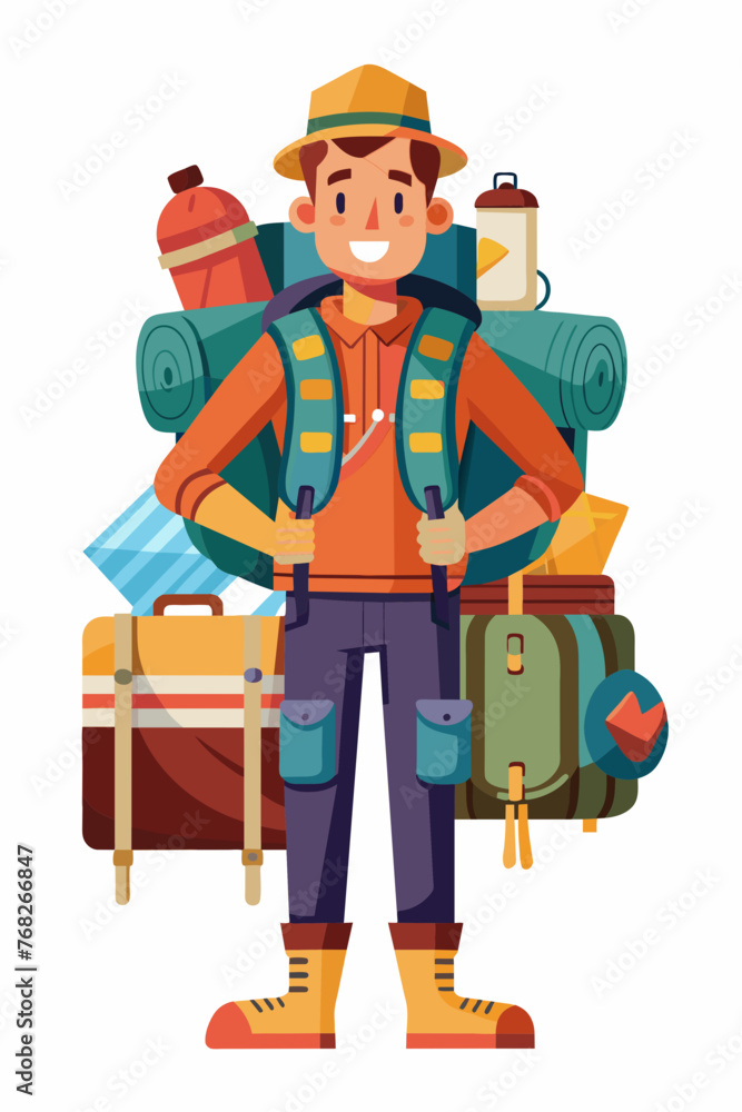 Vector illustration of a backpacker with a lot of stuff on its back. Vector illustration of a backpacker with a lot of stuff on its back.