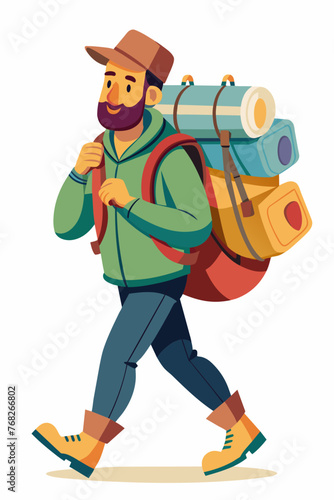 Vector illustration of a backpacker with a lot of stuff on its back.