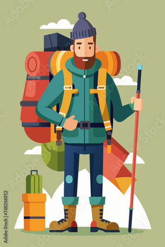 Vector illustration of a backpacker with a lot of stuff on its back.