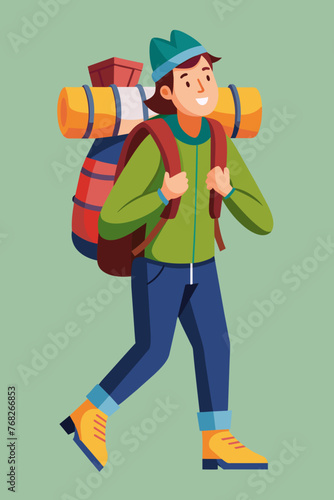 Vector illustration of a backpacker with a lot of stuff on its back.