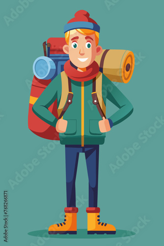 Vector illustration of a backpacker with a lot of stuff on its back.