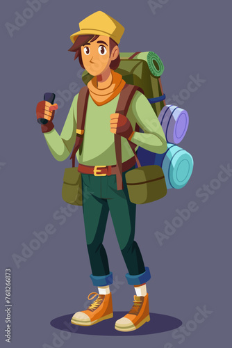 Vector illustration of a backpacker with a lot of stuff on its back.
