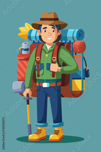 Vector illustration of a backpacker with a lot of stuff on its back.