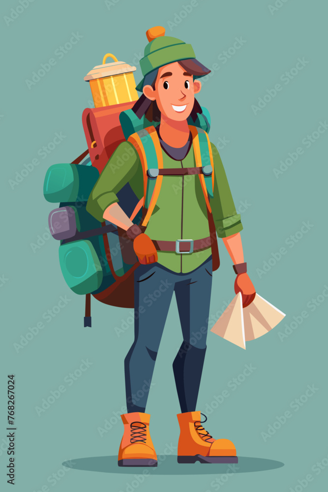 Vector illustration of a backpacker with a lot of stuff on its back. Vector illustration of a backpacker with a lot of stuff on its back.