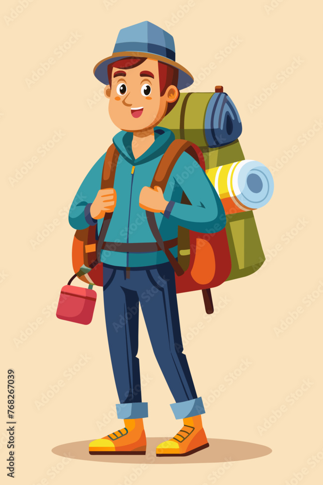 Vector illustration of a backpacker with a lot of stuff on its back. Vector illustration of a backpacker with a lot of stuff on its back.