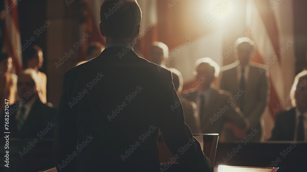 a man in a suit is giving a speech in front of a group of people - obrazy, fototapety, plakaty 