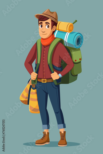 Vector illustration of a backpacker with a lot of stuff on its back.