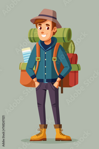 Vector illustration of a backpacker with a lot of stuff on its back.
