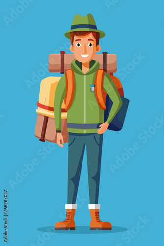 Vector illustration of a backpacker with a lot of stuff on its back.