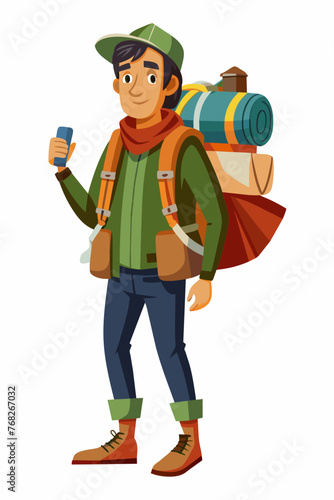 Vector illustration of a backpacker with a lot of stuff on its back.