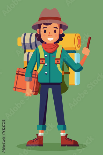 Vector illustration of a backpacker with a lot of stuff on its back.